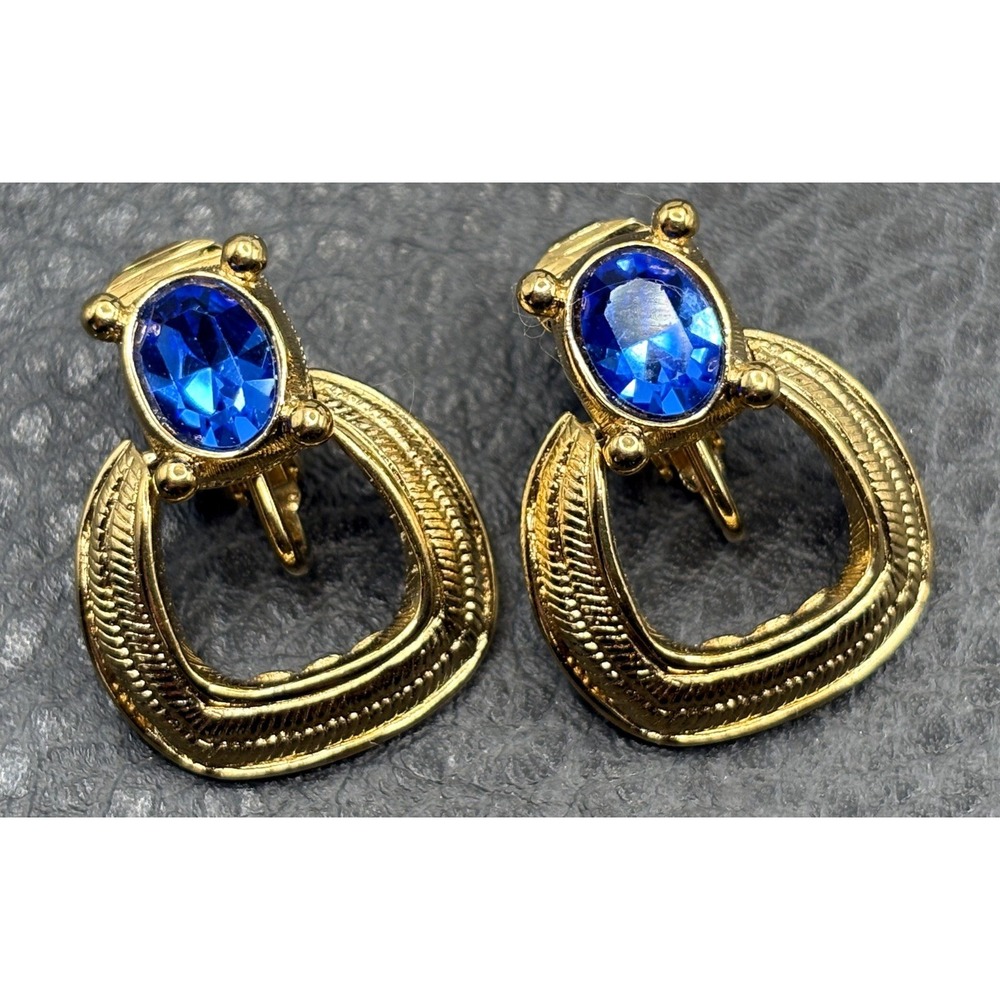 VTG Camrose Cross JBK  Blue Rhinestone Door Knocker Clip-On Earrings Gold Tone